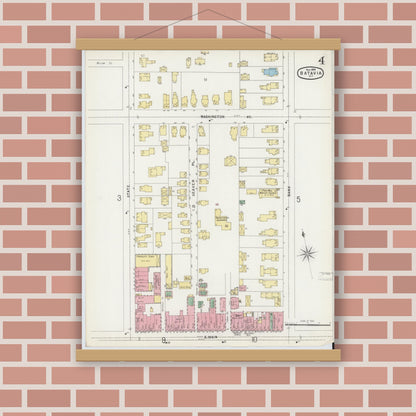Old map wall art mockup — magnetic wood frame on brick wall — Sanborn Fire Insurance Map from Batavia, Genesee County, New York (1896), Sheet #0004