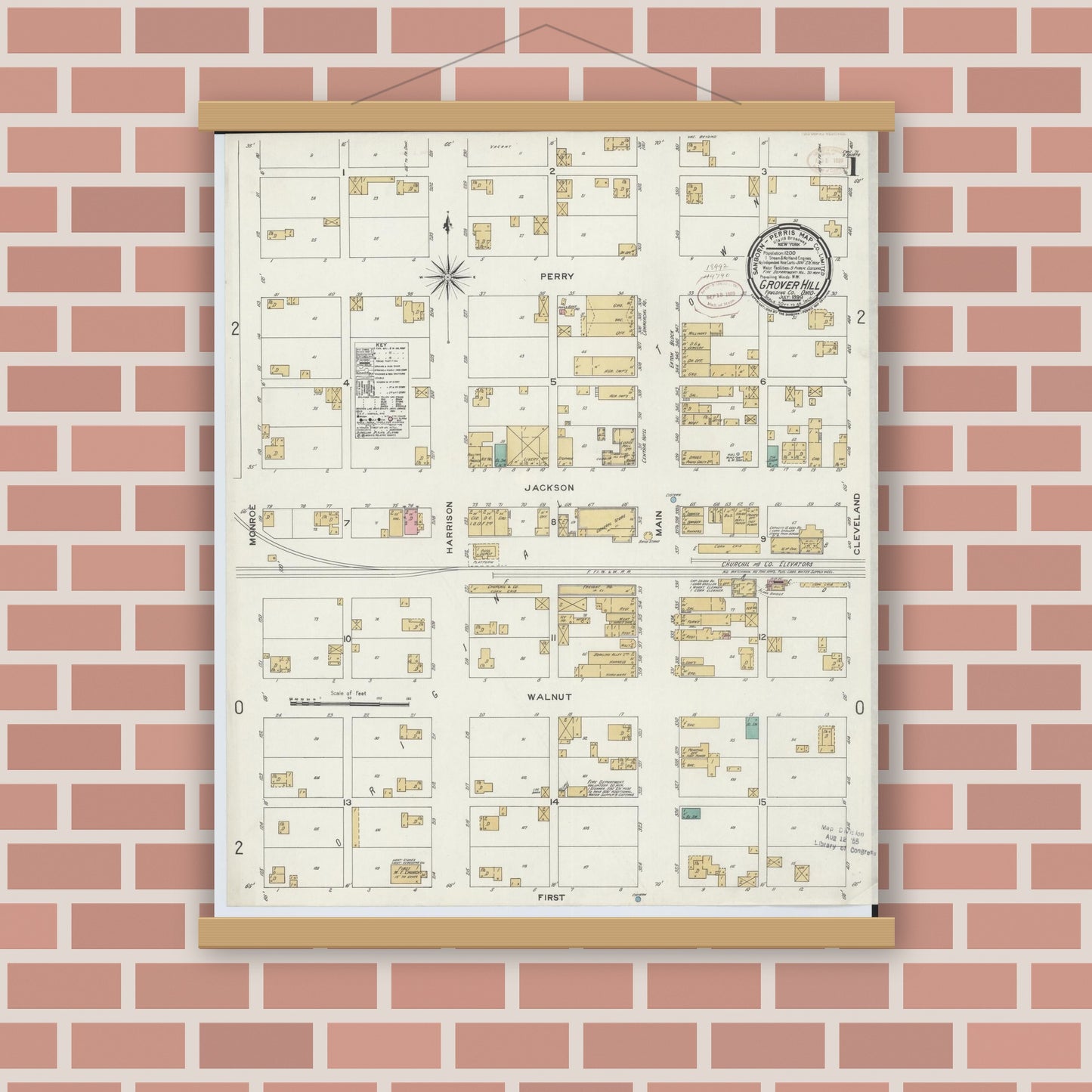 Old map wall art mockup — magnetic wood frame on brick wall — Sanborn Fire Insurance Map from Grover Hill, Paulding County, Ohio (1899), Sheet #0001