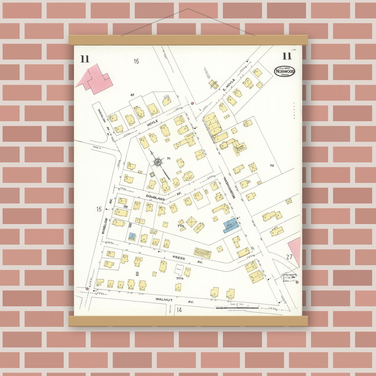 Old map wall art mockup — magnetic wood frame on brick wall — Sanborn Fire Insurance Map from Norwood, Norfolk County, Massachusetts (1923), Sheet #0011