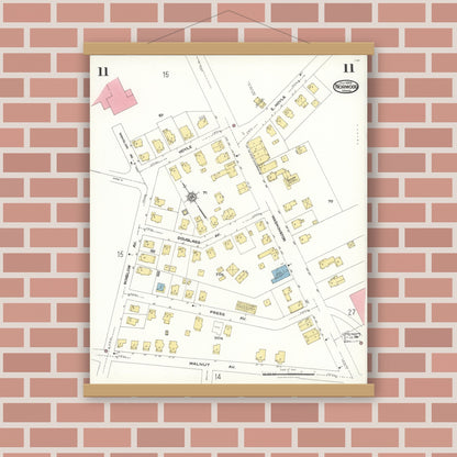 Old map wall art mockup — magnetic wood frame on brick wall — Sanborn Fire Insurance Map from Norwood, Norfolk County, Massachusetts (1923), Sheet #0011
