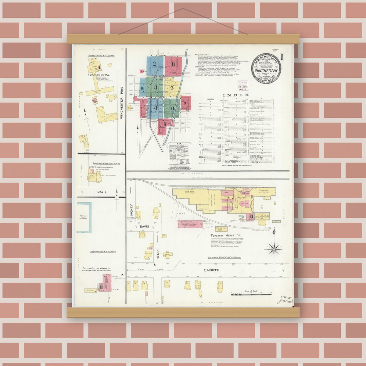 Old map wall art mockup — magnetic wood frame on brick wall — Sanborn Fire Insurance Map from Winchester, Randolph County, Indiana (1907) - Complete Map Set