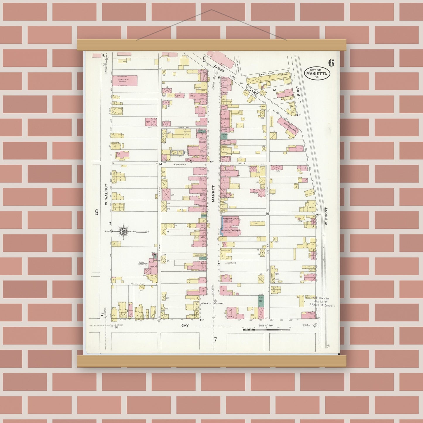 Old map wall art mockup — magnetic wood frame on brick wall — Sanborn Fire Insurance Map from Marietta, Lancaster County, Pennsylvania (1909), Sheet #0006
