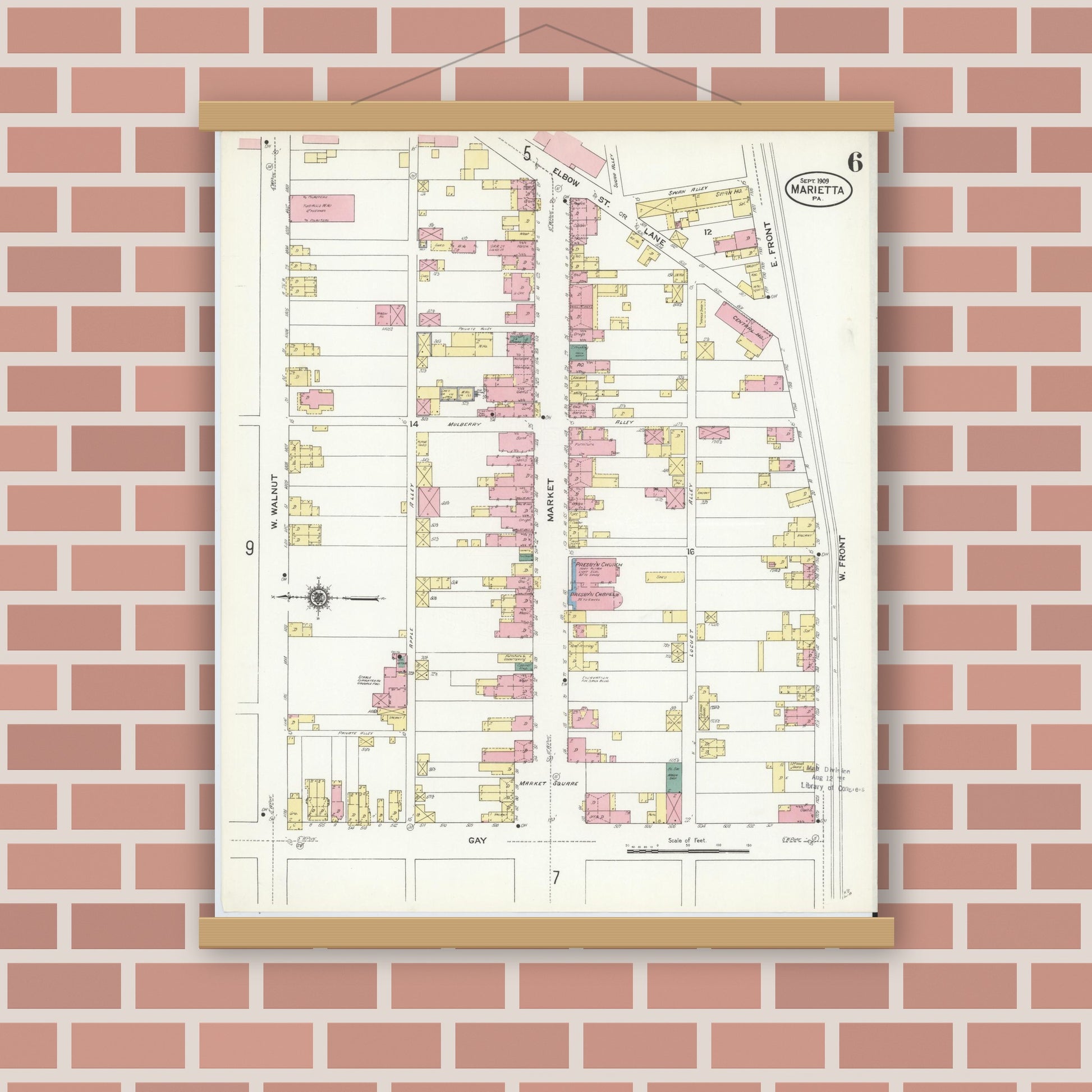 Old map wall art mockup — magnetic wood frame on brick wall — Sanborn Fire Insurance Map from Marietta, Lancaster County, Pennsylvania (1909), Sheet #0006