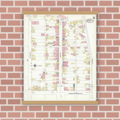 Old map wall art mockup — magnetic wood frame on brick wall — Sanborn Fire Insurance Map from Marietta, Lancaster County, Pennsylvania (1909), Sheet #0006