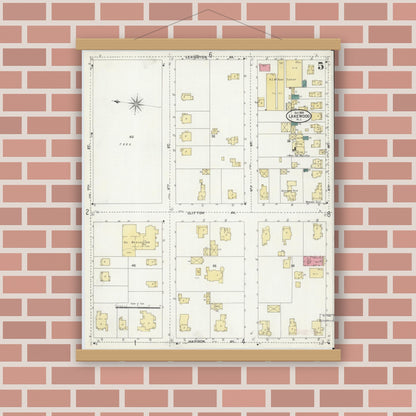 Old map wall art mockup — magnetic wood frame on brick wall — Sanborn Fire Insurance Map from Lakewood, Ocean County, New Jersey (1905), Sheet #0005