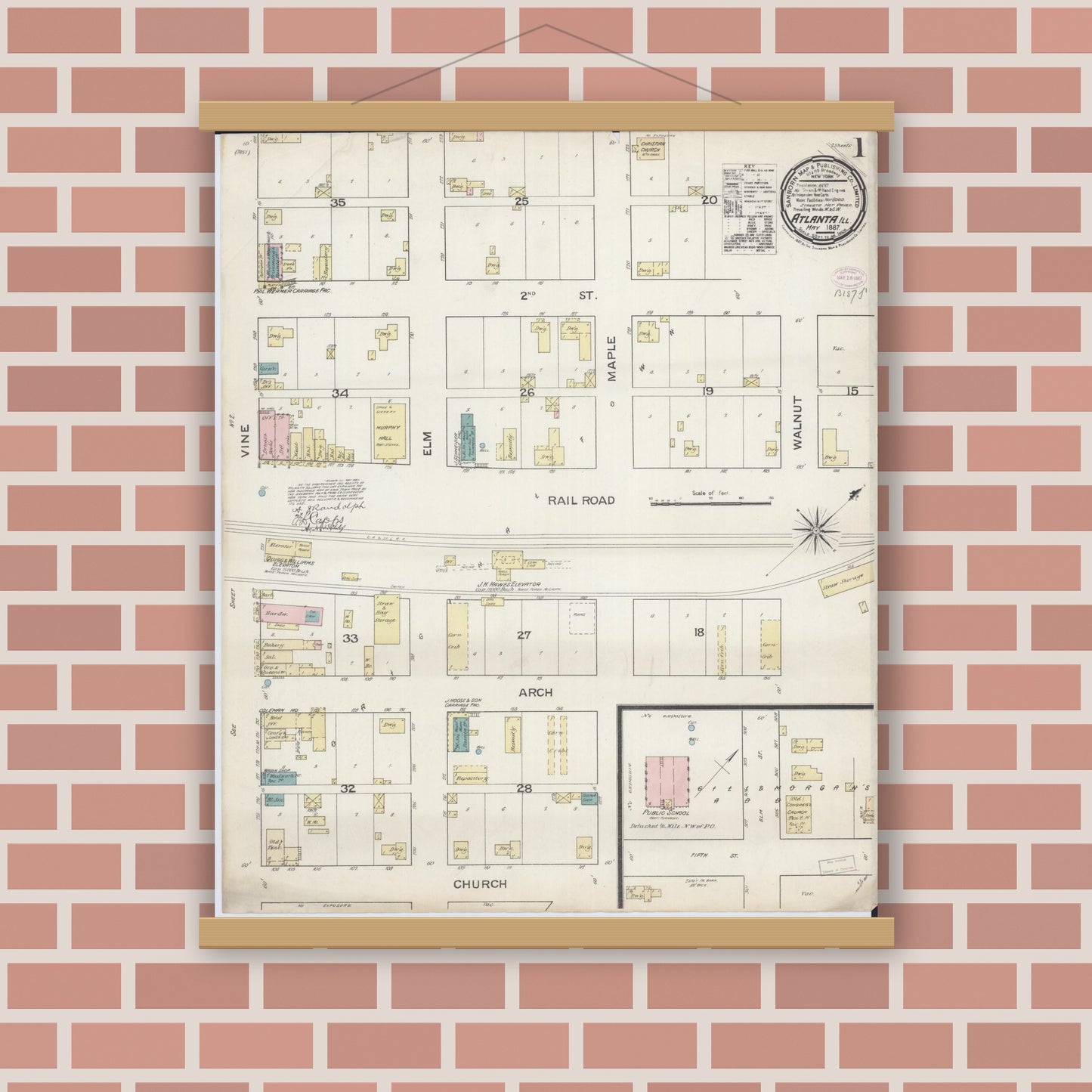 Old map wall art mockup — magnetic wood frame on brick wall — Sanborn Fire Insurance Map from Atlanta, Logan County, Illinois (1887), Sheet #0001