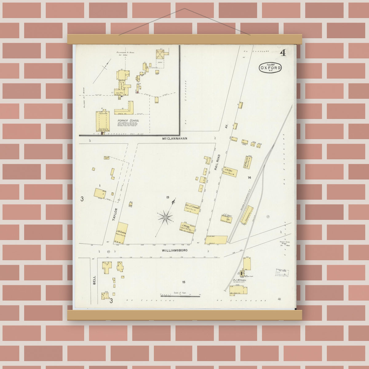 Old map wall art mockup — magnetic wood frame on brick wall — Sanborn Fire Insurance Map from Oxford, Granville County, North Carolina (1897), Sheet #0004