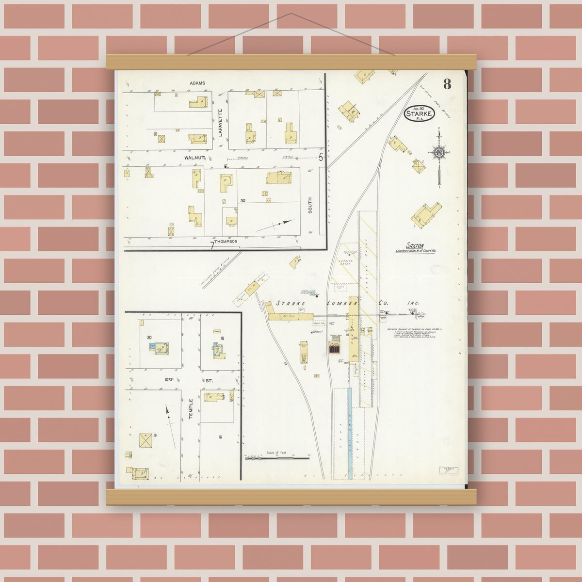 Old map wall art mockup — magnetic wood frame on brick wall — Sanborn Fire Insurance Map from Starke, Bradford County, Florida (1912), Sheet #0008