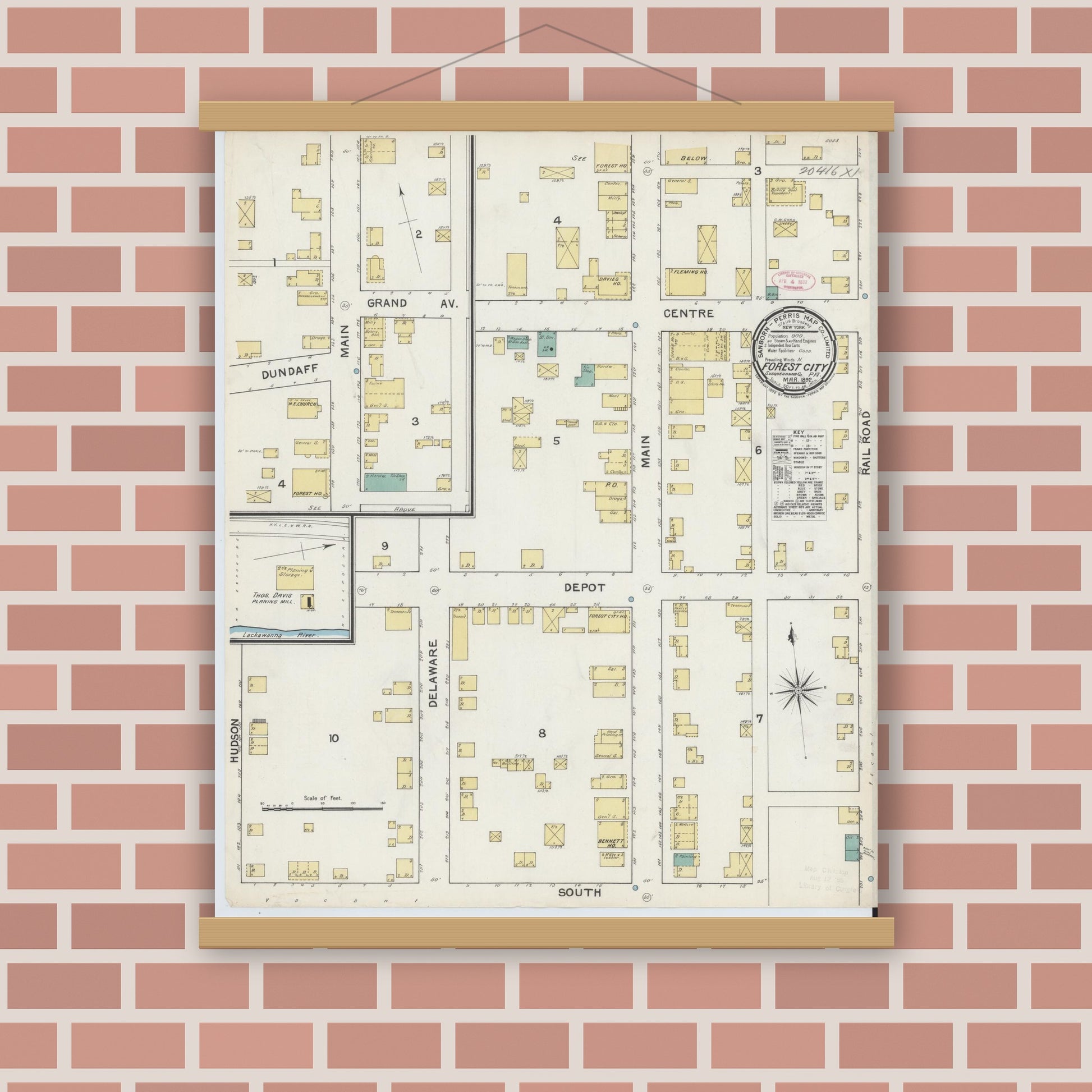 Old map wall art mockup — magnetic wood frame on brick wall — Sanborn Fire Insurance Map from Forest City, Susquehanna County, Pennsylvania (1892), Sheet #0001