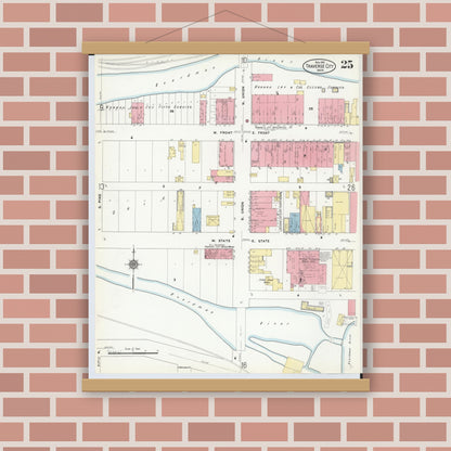 Old map wall art mockup — magnetic wood frame on brick wall — Sanborn Fire Insurance Map from Traverse City, Grand Traverse County, Michigan (1910), Sheet #0025
