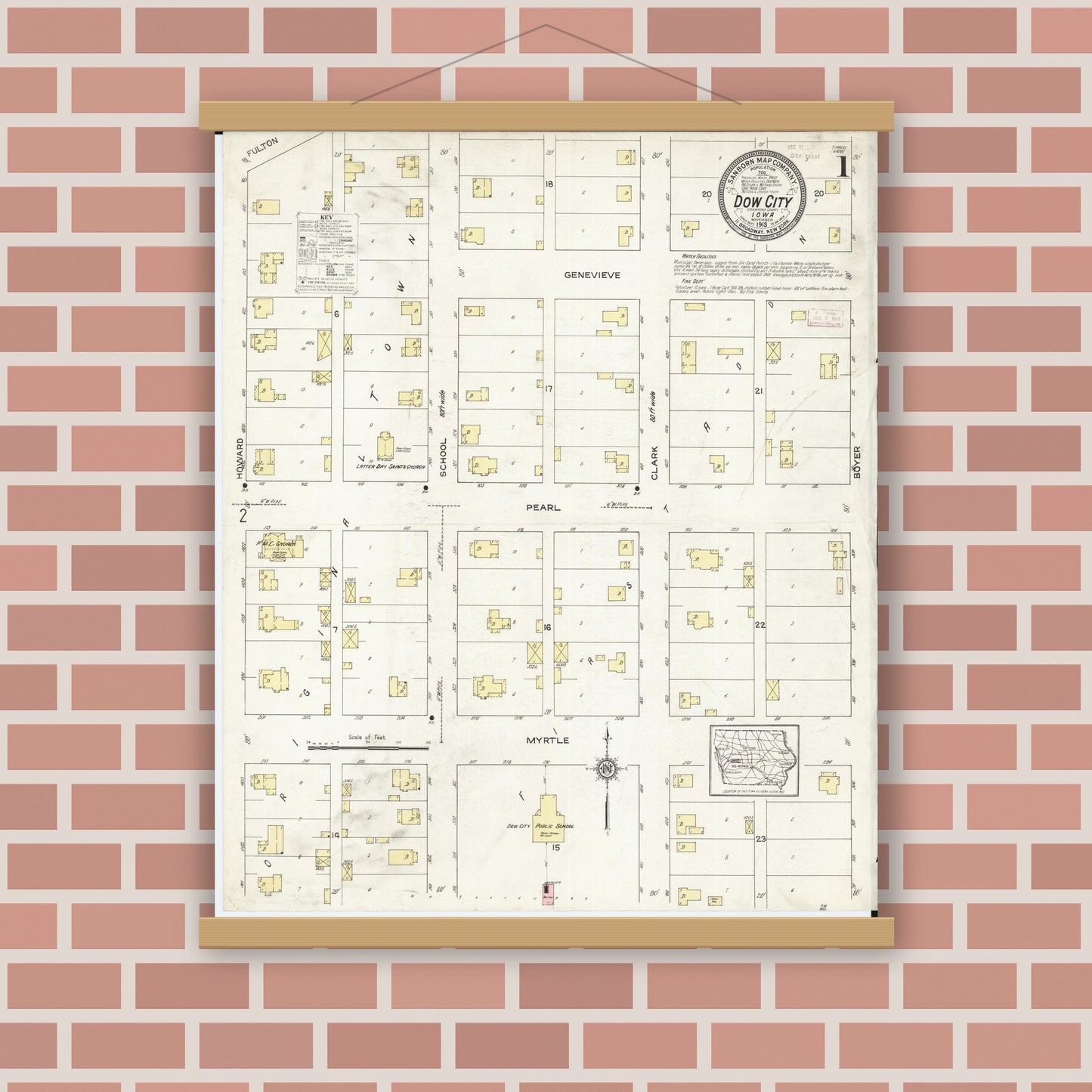 Old map wall art mockup — magnetic wood frame on brick wall — Sanborn Fire Insurance Map from Dow City, Crawford County, Iowa (1913) â€” Complete Set