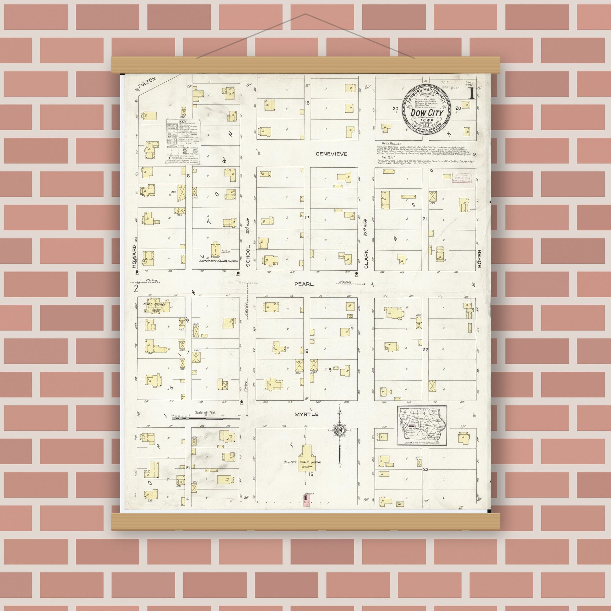 Old map wall art mockup — magnetic wood frame on brick wall — Sanborn Fire Insurance Map from Dow City, Crawford County, Iowa (1913) â€” Complete Set