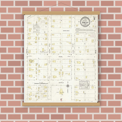 Old map wall art mockup — magnetic wood frame on brick wall — Sanborn Fire Insurance Map from Dow City, Crawford County, Iowa (1913) â€” Complete Set