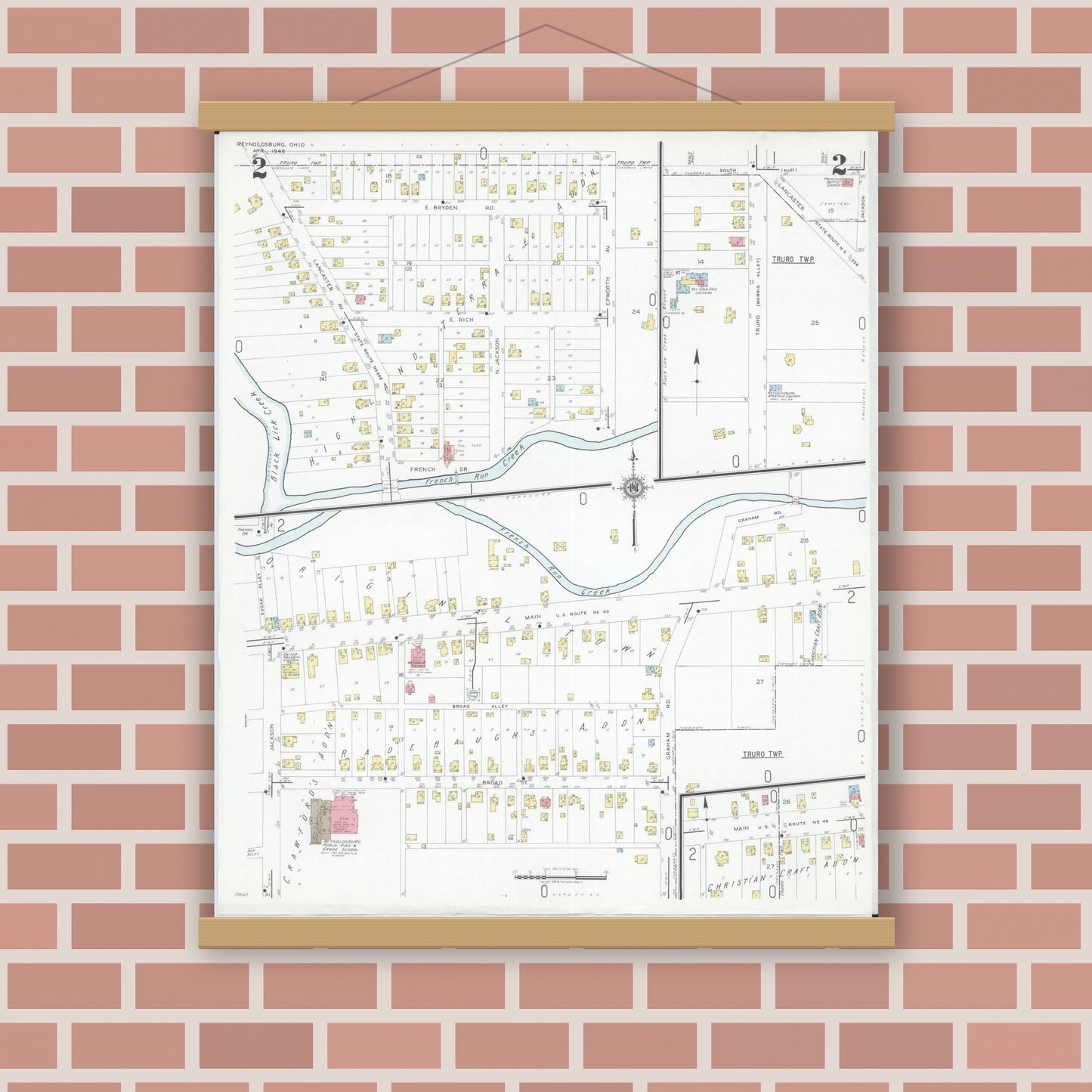 Old map wall art mockup — magnetic wood frame on brick wall — Sanborn Fire Insurance Map from Reynoldsburg, Franklin County, Ohio (1946), Sheet #0002
