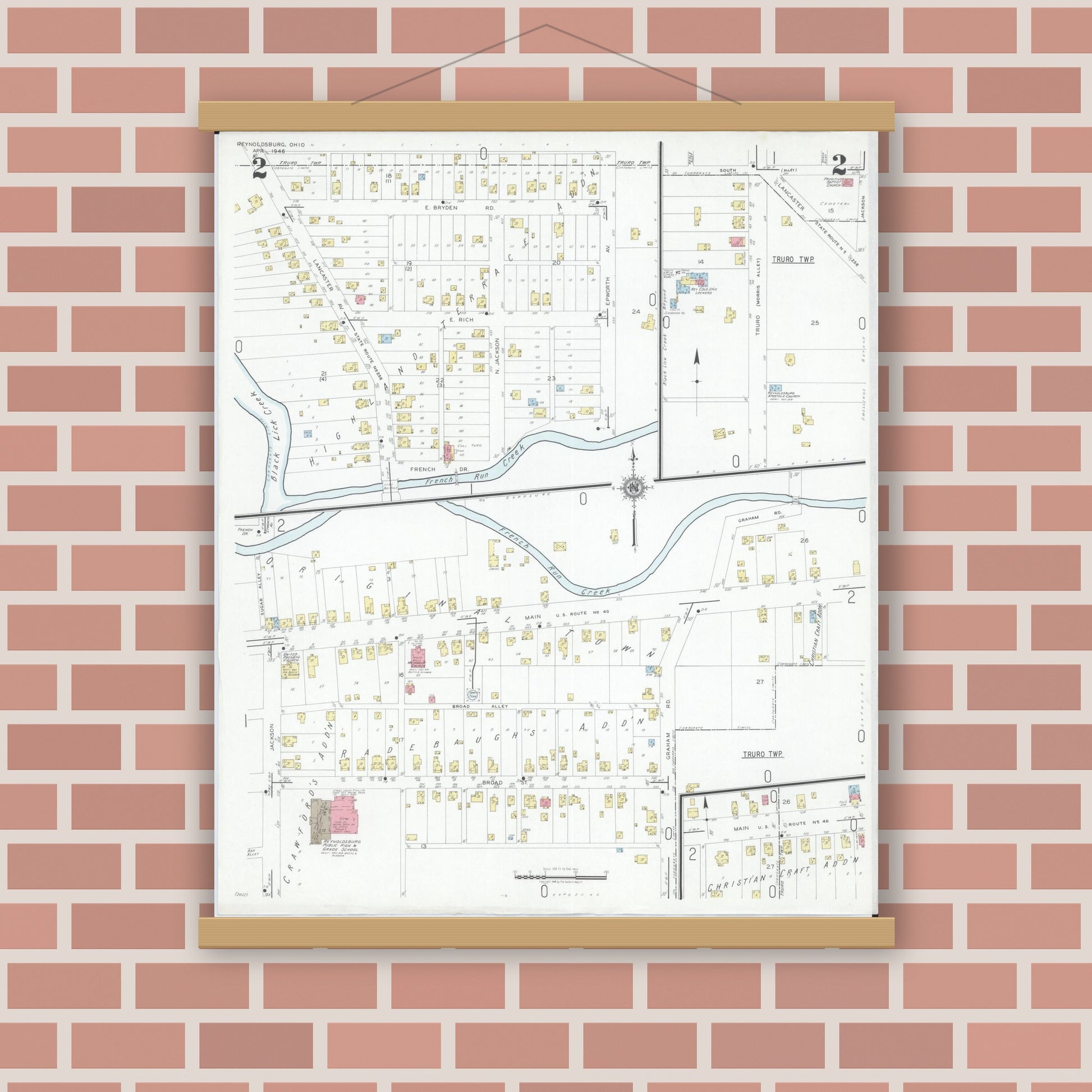 Old map wall art mockup — magnetic wood frame on brick wall — Sanborn Fire Insurance Map from Reynoldsburg, Franklin County, Ohio (1946), Sheet #0002