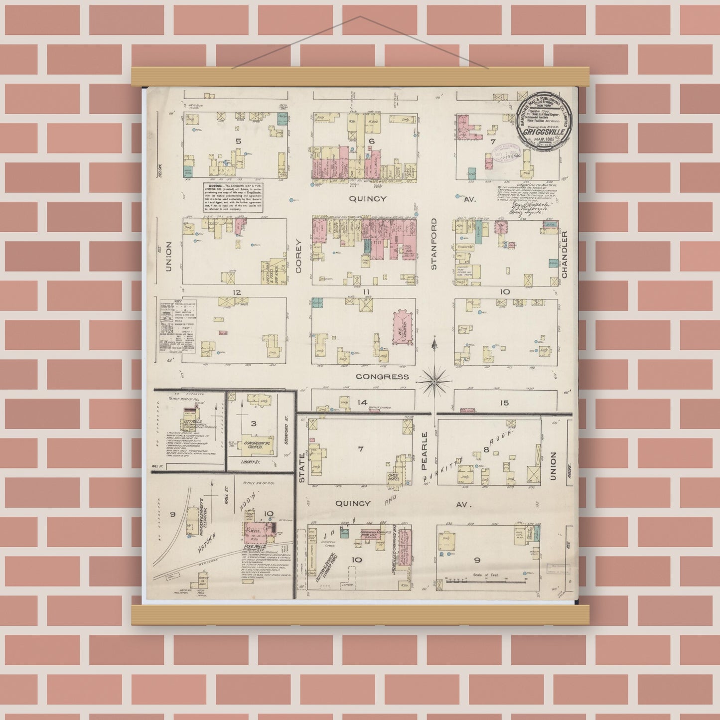 Old map wall art mockup — magnetic wood frame on brick wall — Sanborn Fire Insurance Map from Griggsville, Pike County, Illinois (1885), Sheet #0001