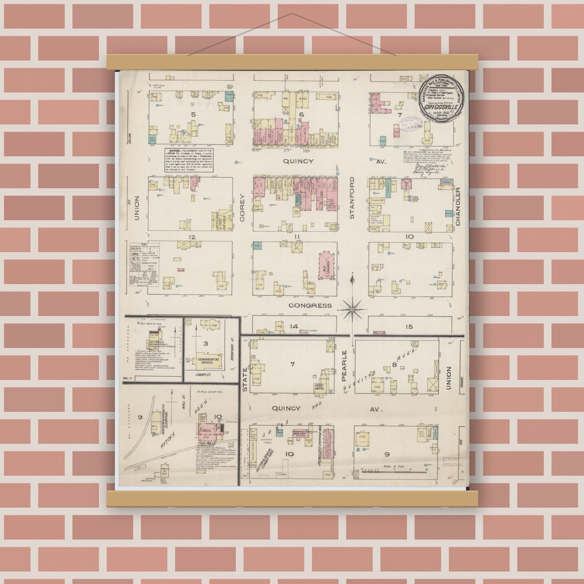 Old map wall art mockup — magnetic wood frame on brick wall — Sanborn Fire Insurance Map from Griggsville, Pike County, Illinois (1885), Sheet #0001