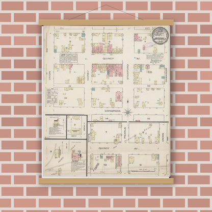 Old map wall art mockup — magnetic wood frame on brick wall — Sanborn Fire Insurance Map from Griggsville, Pike County, Illinois (1885), Sheet #0001
