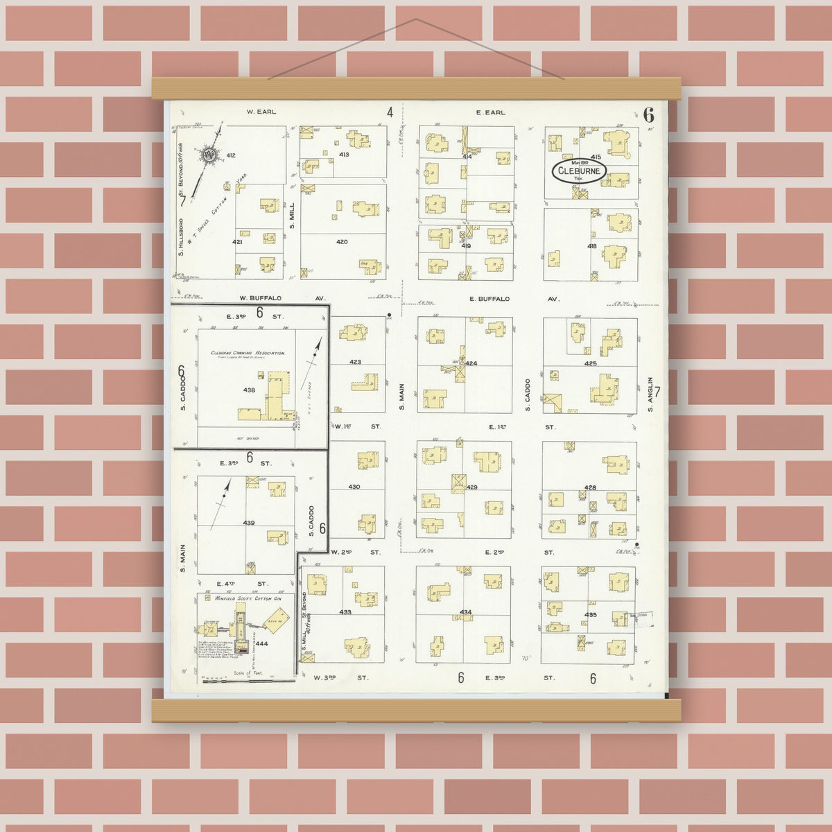 Old map wall art mockup — magnetic wood frame on brick wall — Sanborn Fire Insurance Map from Cleburne, Johnson County, Texas (1910), Sheet #0006