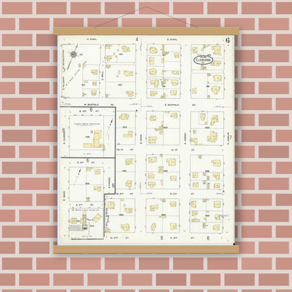 Old map wall art mockup — magnetic wood frame on brick wall — Sanborn Fire Insurance Map from Cleburne, Johnson County, Texas (1910), Sheet #0006