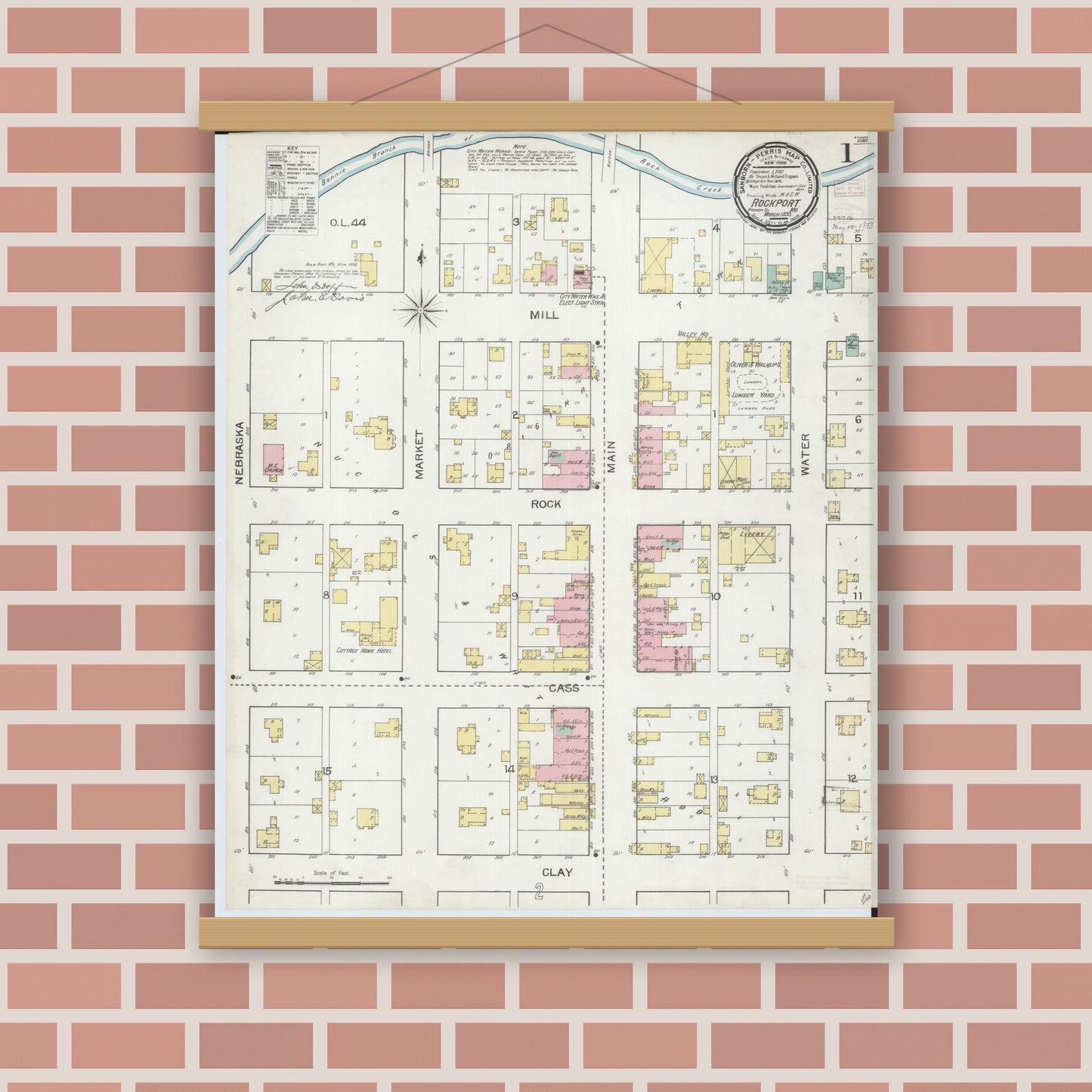Old map wall art mockup — magnetic wood frame on brick wall — Sanborn Fire Insurance Map from Rockport, Atchison County, Missouri (1893) - Complete Map Set