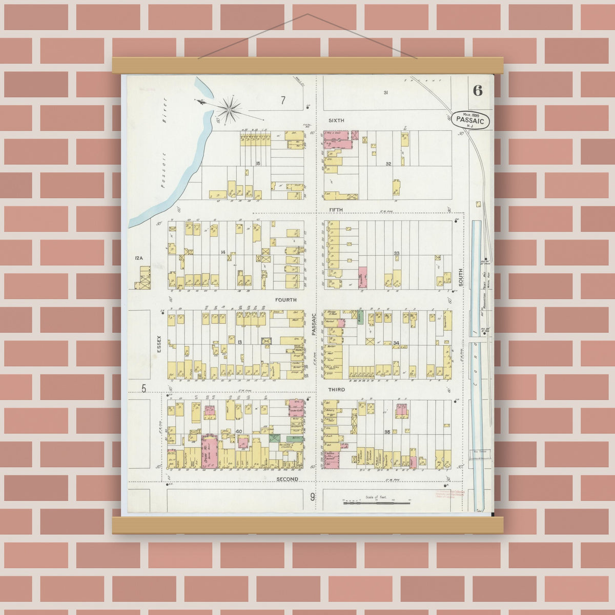 Old map wall art mockup — magnetic wood frame on brick wall — Sanborn Fire Insurance Map from Passaic, Passaic County, New Jersey (1899), Sheet #0006