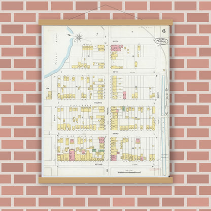 Old map wall art mockup — magnetic wood frame on brick wall — Sanborn Fire Insurance Map from Passaic, Passaic County, New Jersey (1899), Sheet #0006
