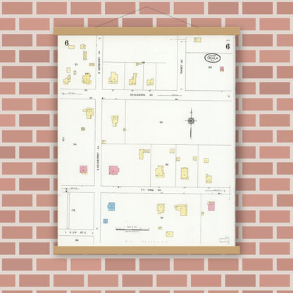 Old map wall art mockup — magnetic wood frame on brick wall — Sanborn Fire Insurance Map from Ocala, Marion County, Florida (1924), Sheet #0006