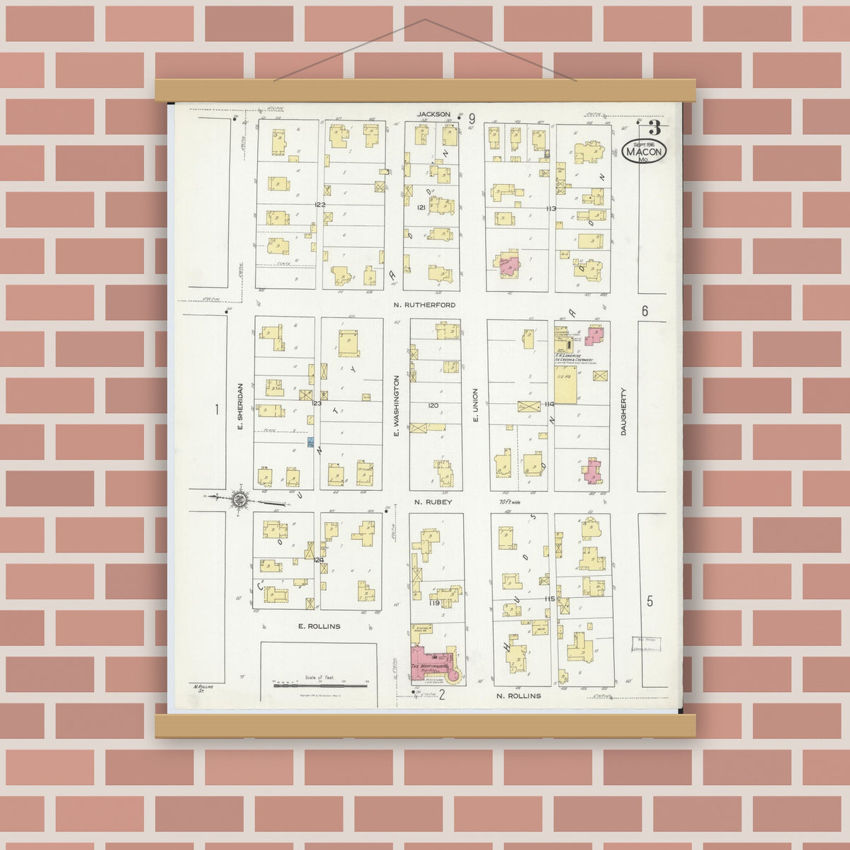 Old map wall art mockup — magnetic wood frame on brick wall — Sanborn Fire Insurance Map from Macon, Macon County, Missouri (1916), Sheet #0003