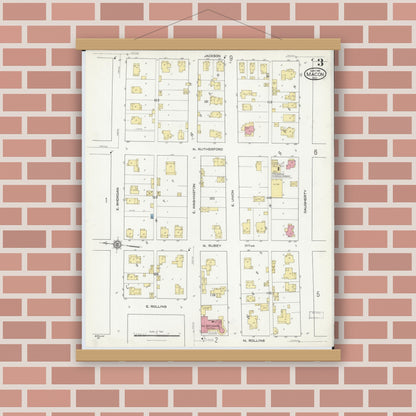Old map wall art mockup — magnetic wood frame on brick wall — Sanborn Fire Insurance Map from Macon, Macon County, Missouri (1916), Sheet #0003