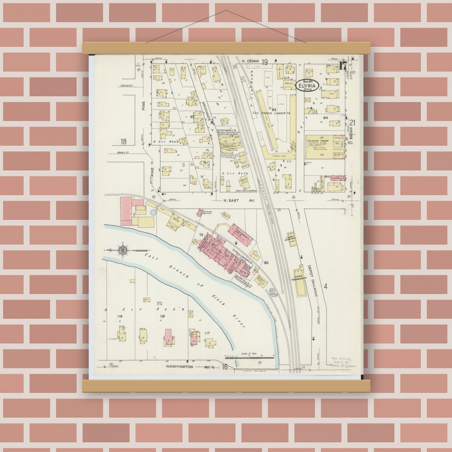 Old map wall art mockup — magnetic wood frame on brick wall — Sanborn Fire Insurance Map from Elyria, Lorain County, Ohio (1915), Sheet #0017