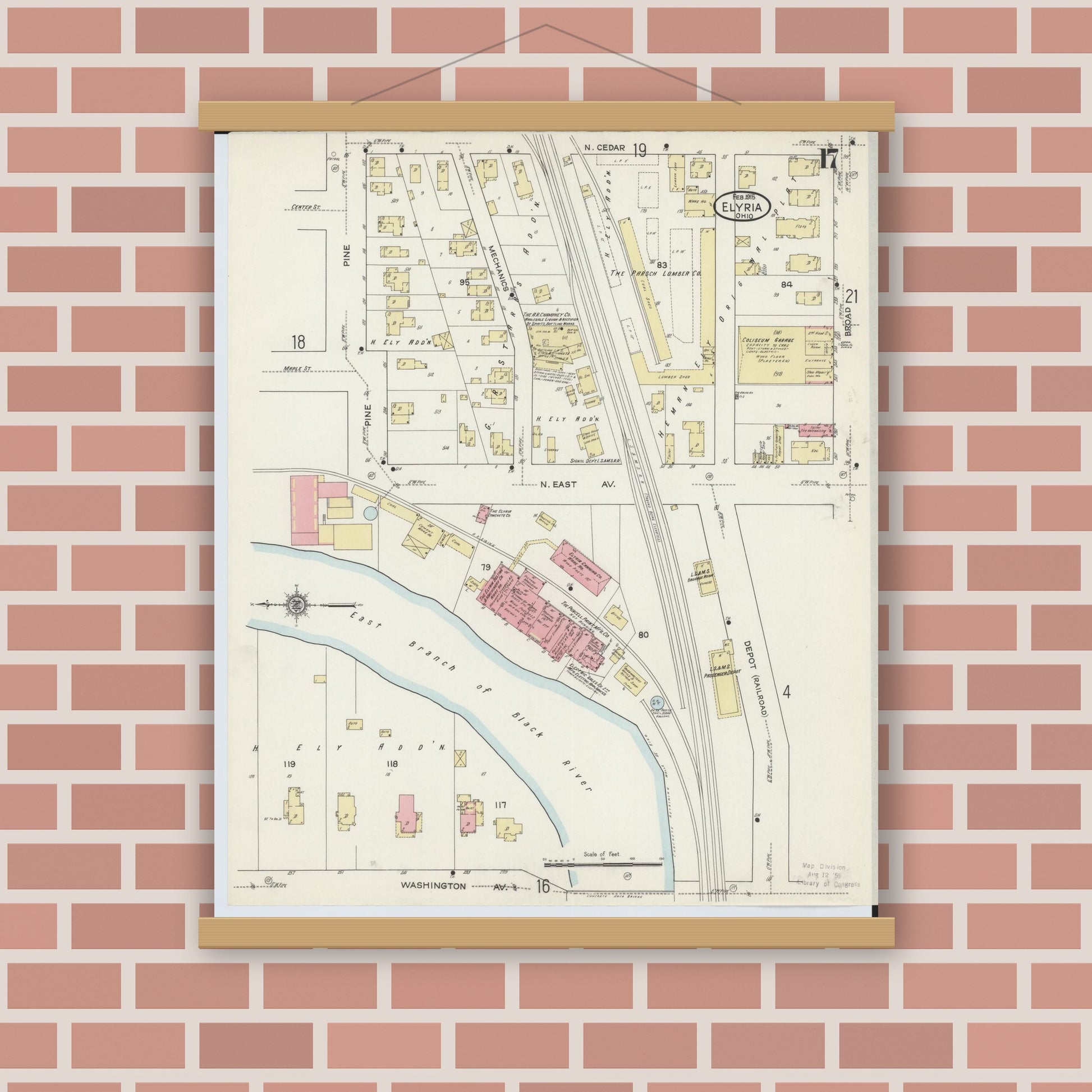 Old map wall art mockup — magnetic wood frame on brick wall — Sanborn Fire Insurance Map from Elyria, Lorain County, Ohio (1915), Sheet #0017