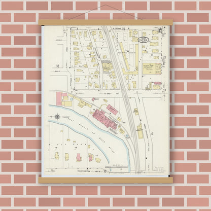 Old map wall art mockup — magnetic wood frame on brick wall — Sanborn Fire Insurance Map from Elyria, Lorain County, Ohio (1915), Sheet #0017