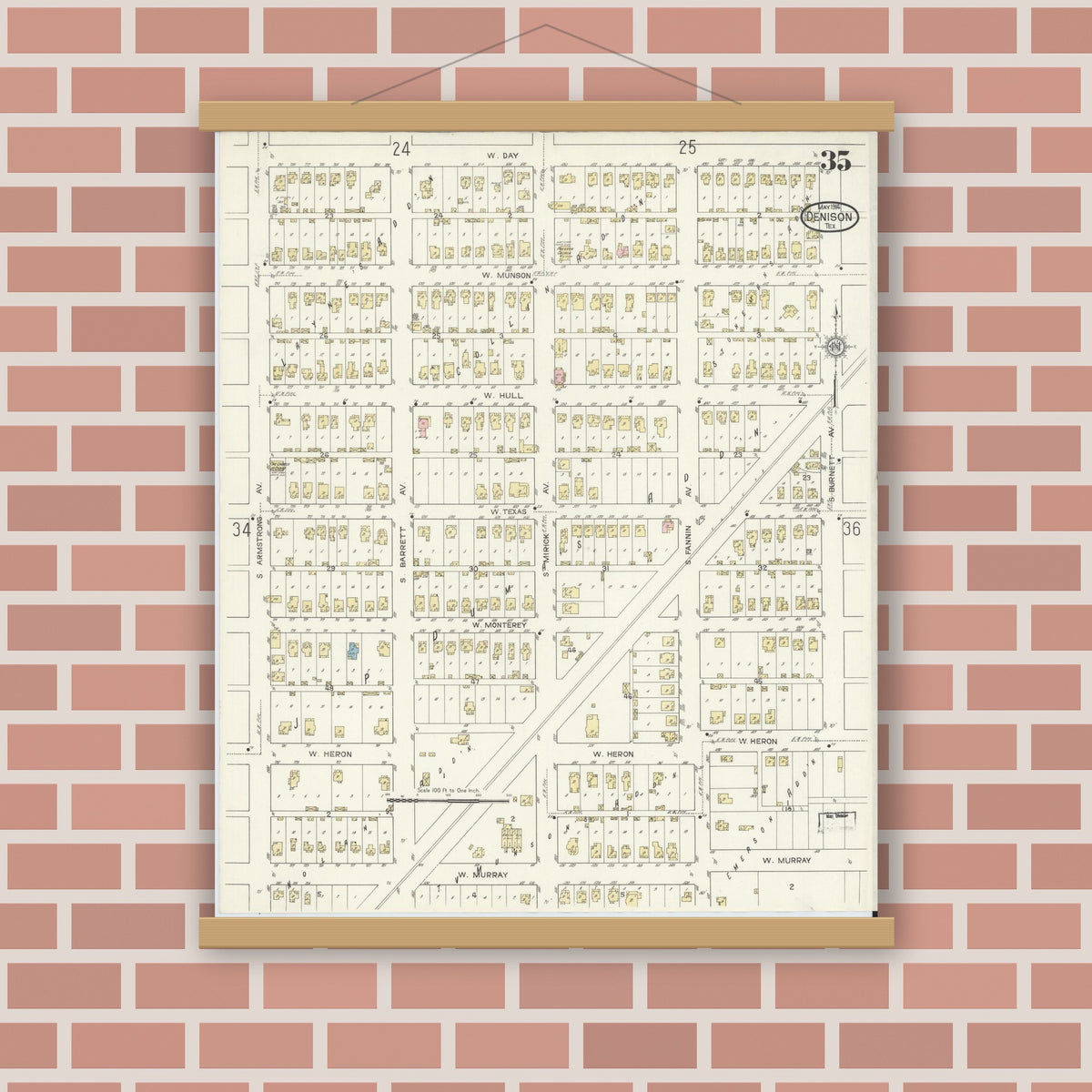 Old map wall art mockup — magnetic wood frame on brick wall — Sanborn Fire Insurance Map from Denison, Grayson County, Texas (1914), Sheet #0035