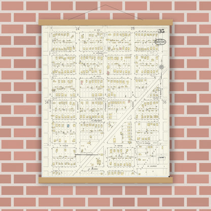 Old map wall art mockup — magnetic wood frame on brick wall — Sanborn Fire Insurance Map from Denison, Grayson County, Texas (1914), Sheet #0035