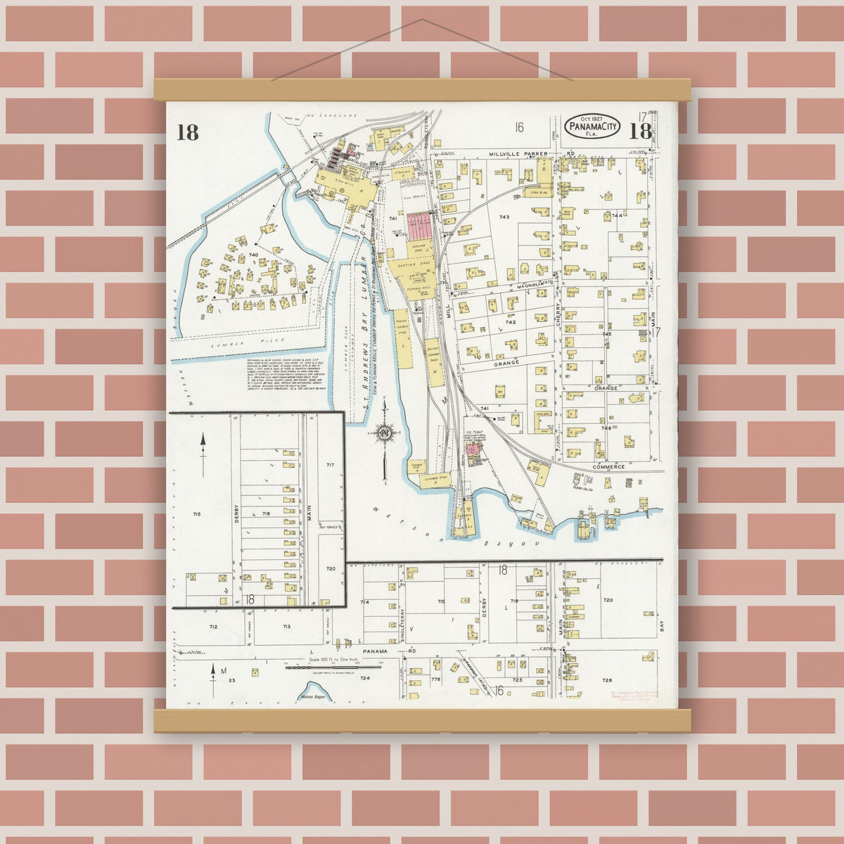 Old map wall art mockup — magnetic wood frame on brick wall — Sanborn Fire Insurance Map from Panama City, Bay County, Florida (1927), Sheet #0018
