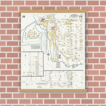 Old map wall art mockup — magnetic wood frame on brick wall — Sanborn Fire Insurance Map from Panama City, Bay County, Florida (1927), Sheet #0018