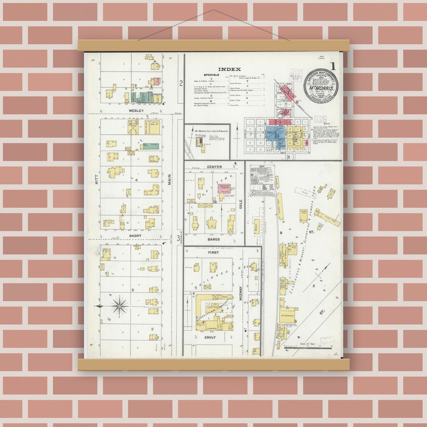 Old map wall art mockup — magnetic wood frame on brick wall — Sanborn Fire Insurance Map from Mount Morris, Ogle County, Illinois (1905), Sheet #0001