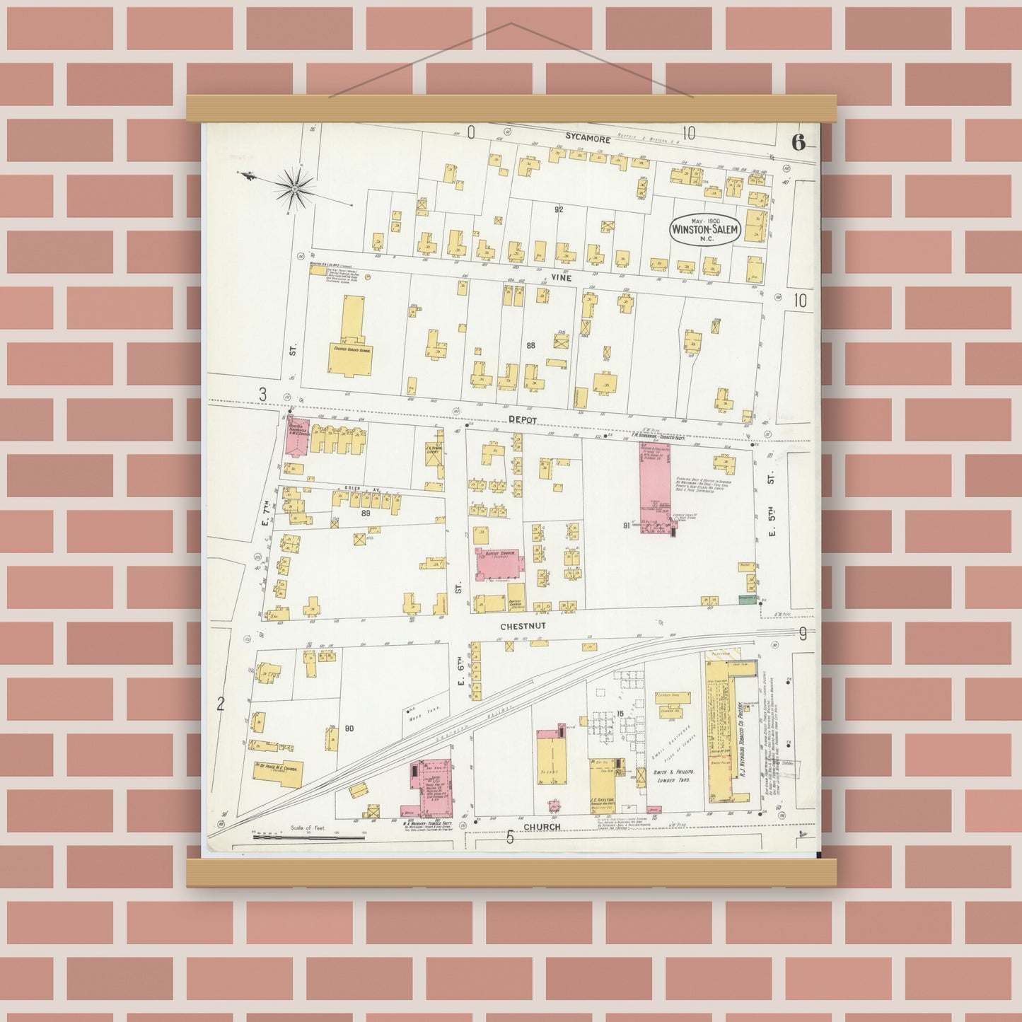 Old map wall art mockup — magnetic wood frame on brick wall — Sanborn Fire Insurance Map from Winston-Salem, Forsyth County, North Carolina (1900), Sheet #0006