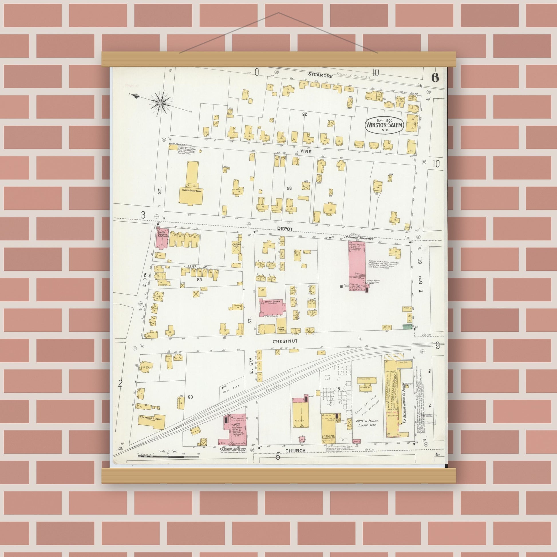 Old map wall art mockup — magnetic wood frame on brick wall — Sanborn Fire Insurance Map from Winston-Salem, Forsyth County, North Carolina (1900), Sheet #0006
