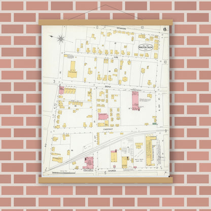Old map wall art mockup — magnetic wood frame on brick wall — Sanborn Fire Insurance Map from Winston-Salem, Forsyth County, North Carolina (1900), Sheet #0006