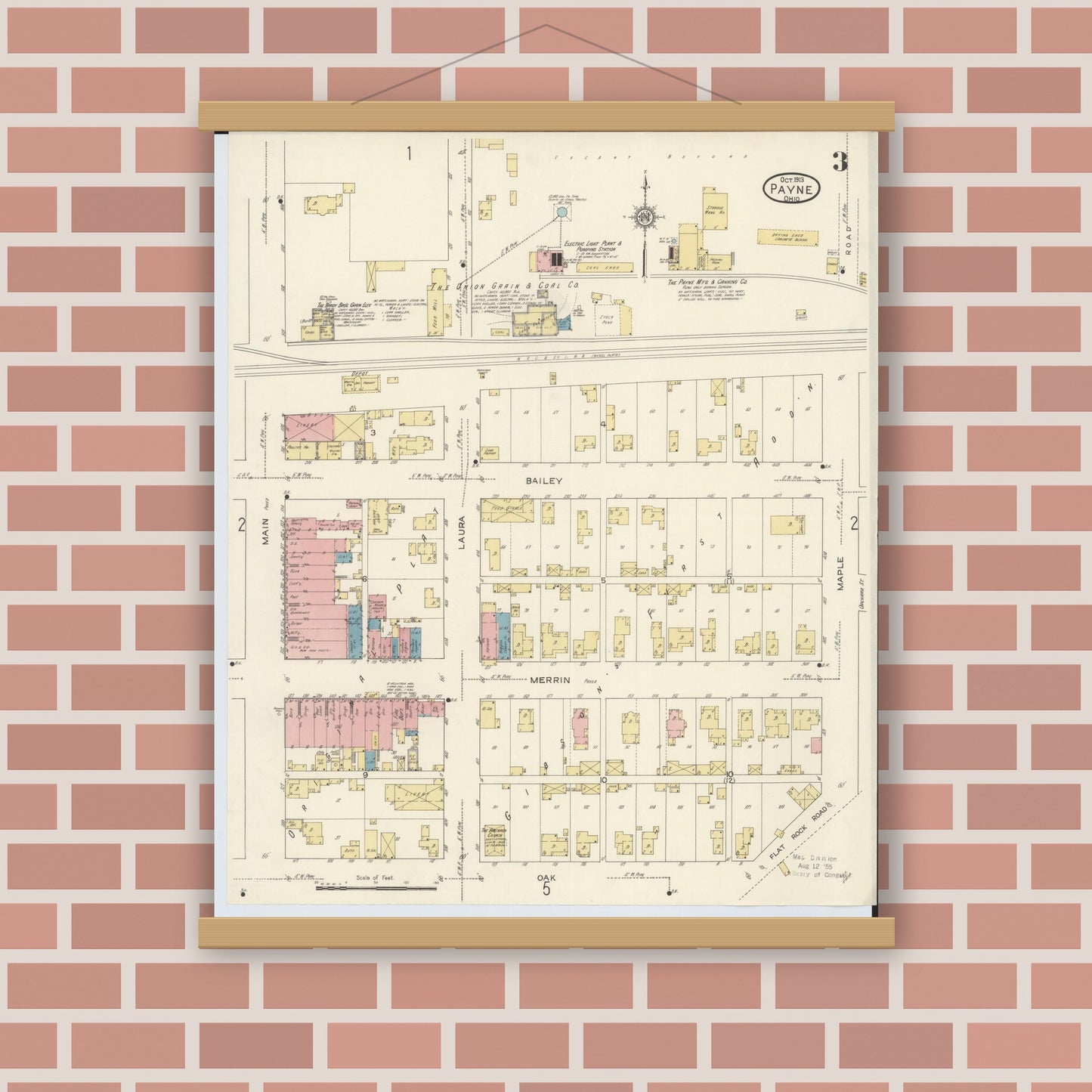 Old map wall art mockup — magnetic wood frame on brick wall — Sanborn Fire Insurance Map from Payne, Paulding County, Ohio (1913), Sheet #0003