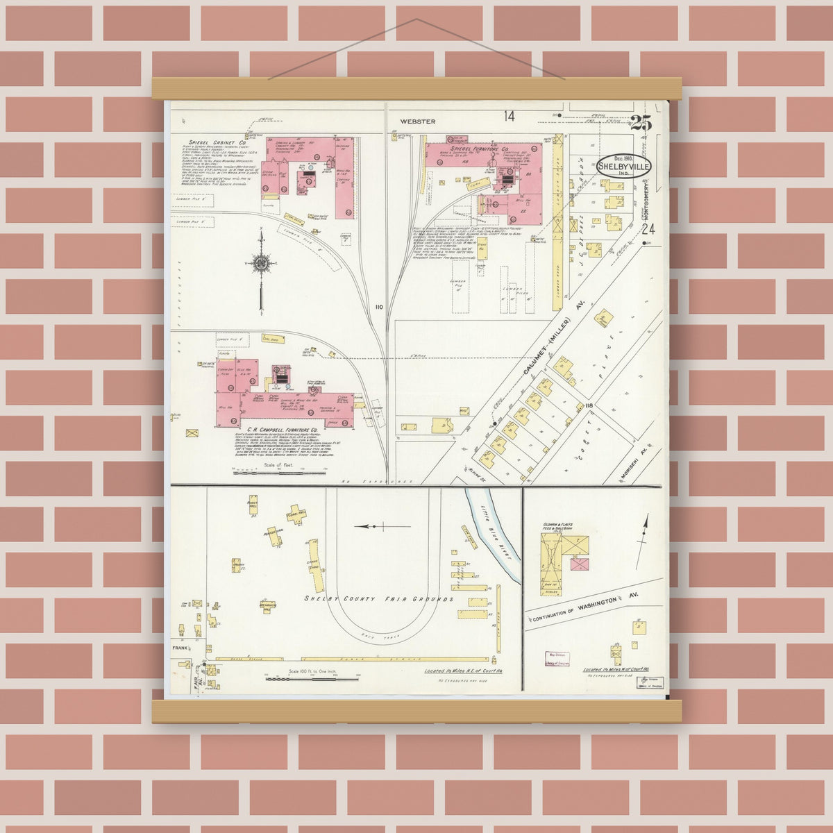 Old map wall art mockup — magnetic wood frame on brick wall — Sanborn Fire Insurance Map from Shelbyville, Shelby County, Indiana (1910), Sheet #0025