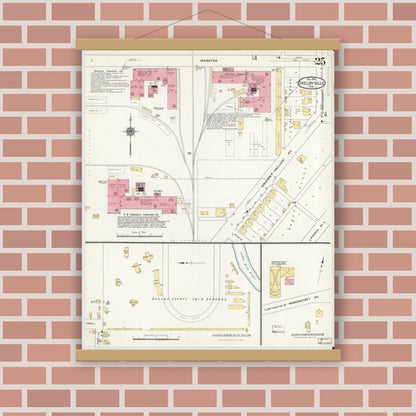 Old map wall art mockup — magnetic wood frame on brick wall — Sanborn Fire Insurance Map from Shelbyville, Shelby County, Indiana (1910), Sheet #0025