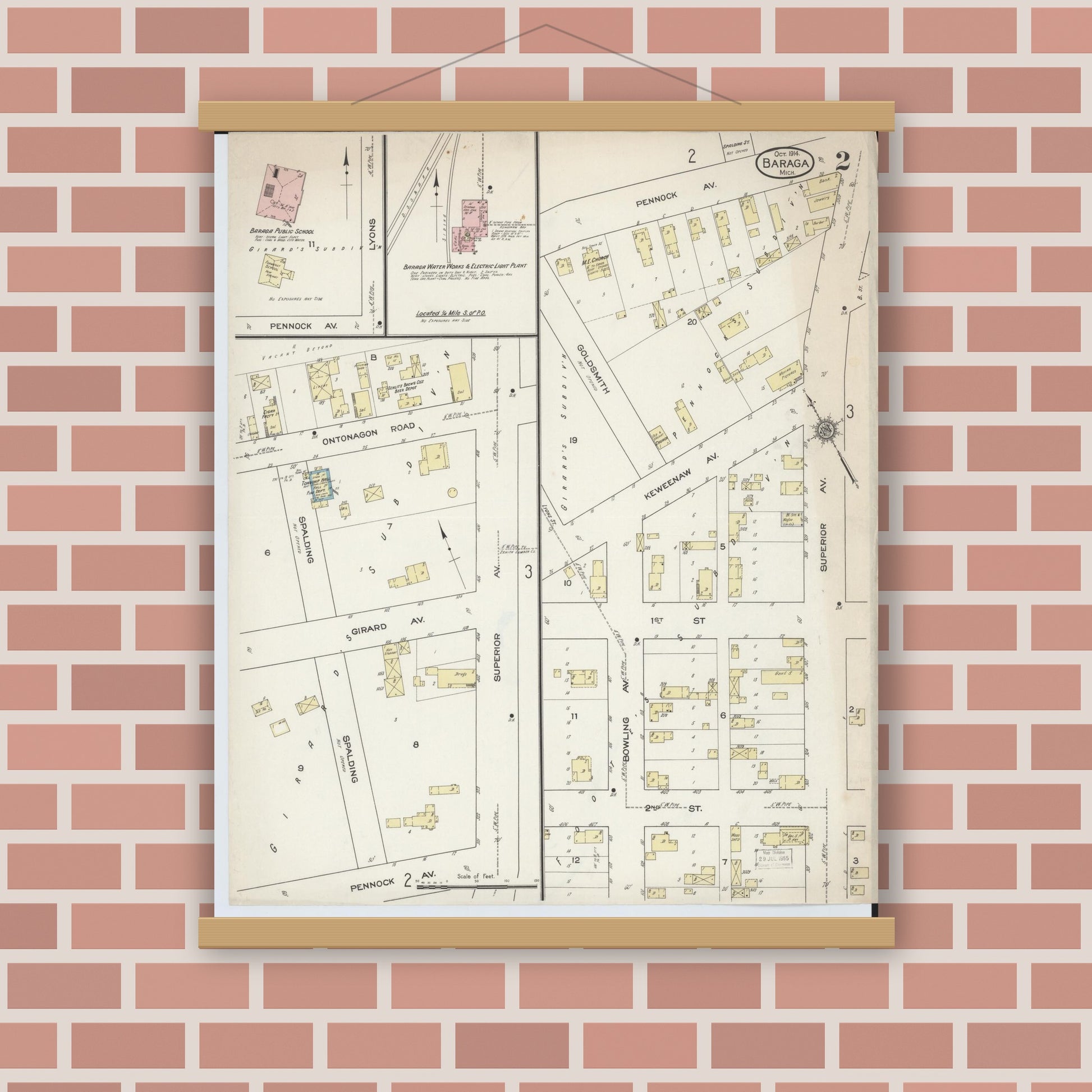 Old map wall art mockup — magnetic wood frame on brick wall — Sanborn Fire Insurance Map from Baraga, Baraga County, Michigan (1914), Sheet #0002