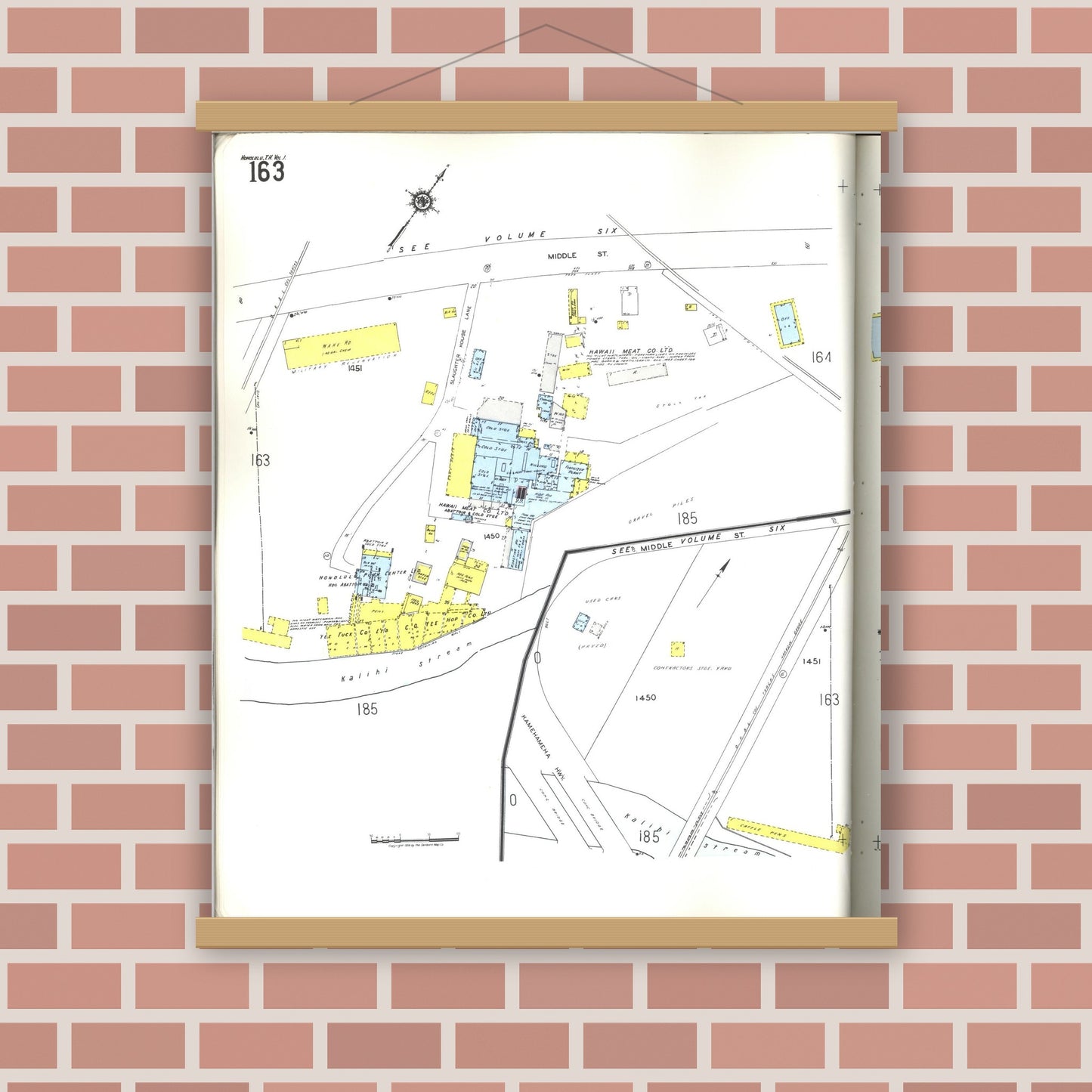 Old map wall art mockup — magnetic wood frame on brick wall — Sanborn Fire Insurance Map from Honolulu, Oahu County, Hawaii (1955), Sheet #0163