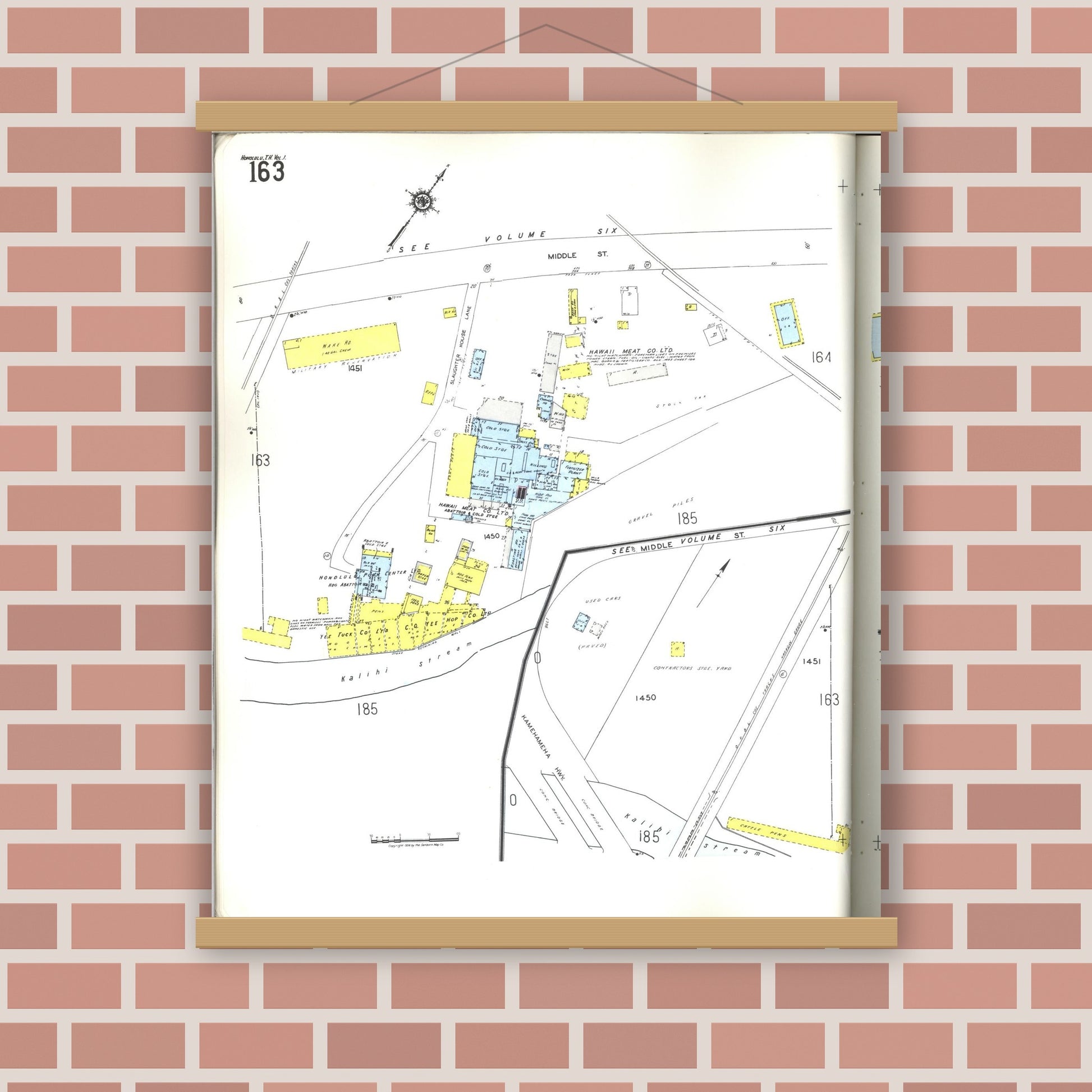 Old map wall art mockup — magnetic wood frame on brick wall — Sanborn Fire Insurance Map from Honolulu, Oahu County, Hawaii (1955), Sheet #0163