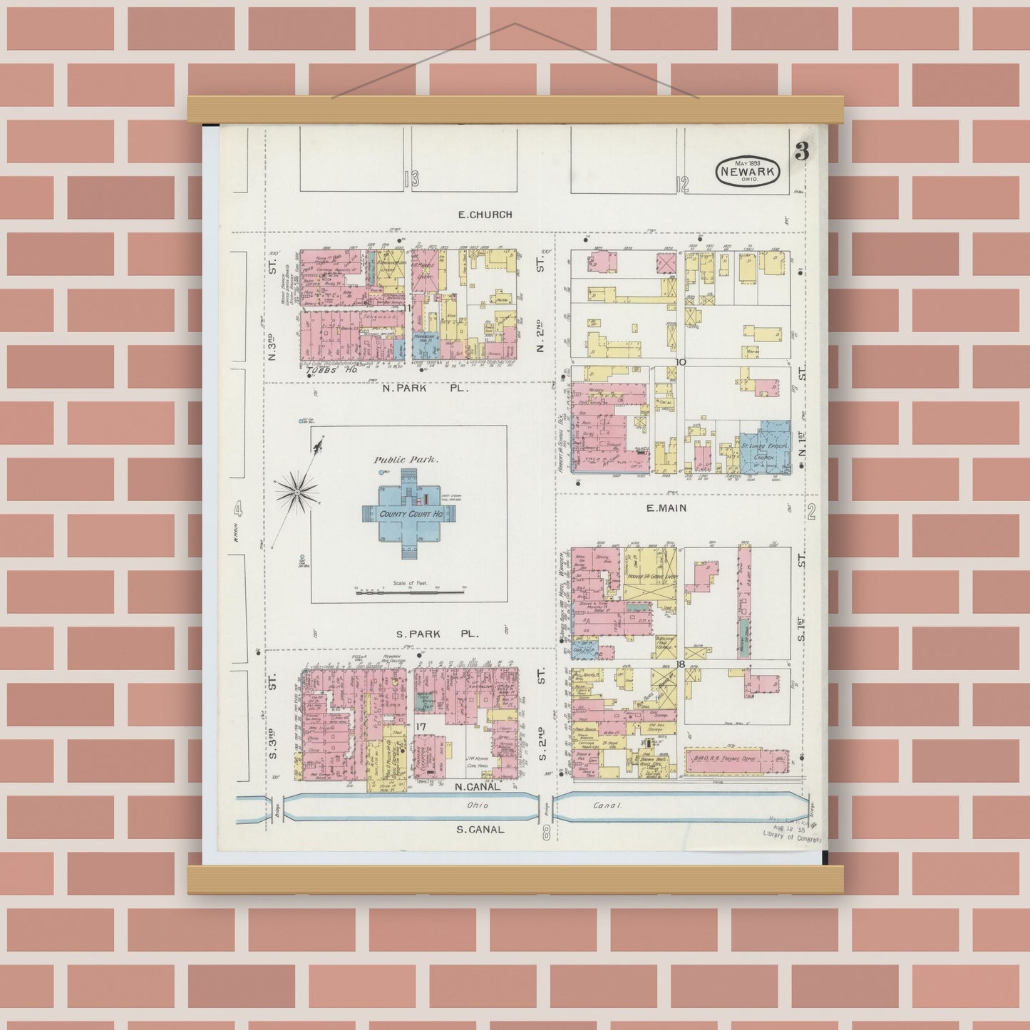 Old map wall art mockup — magnetic wood frame on brick wall — Sanborn Fire Insurance Map from Newark, Licking County, Ohio (1893), Sheet #0003