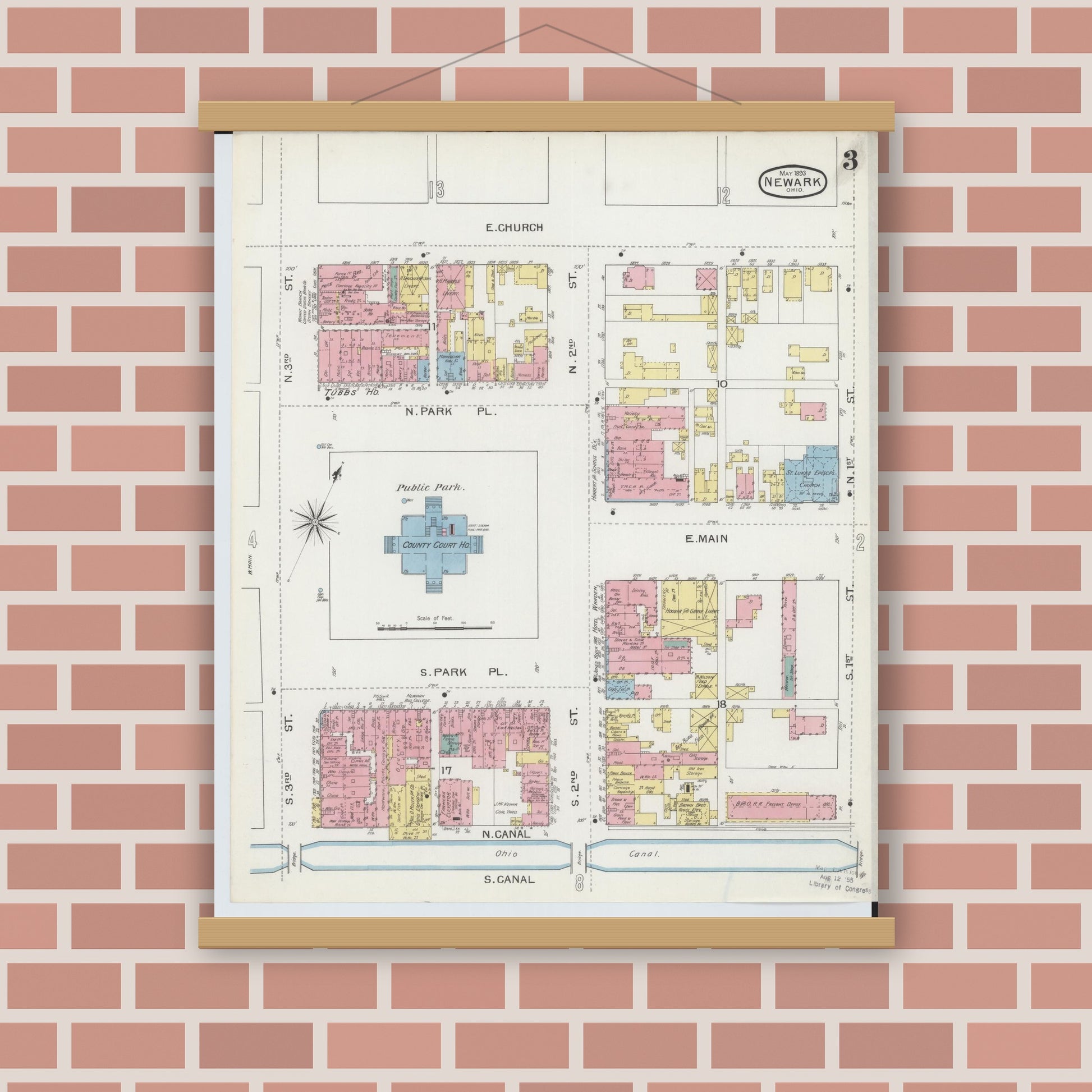 Old map wall art mockup — magnetic wood frame on brick wall — Sanborn Fire Insurance Map from Newark, Licking County, Ohio (1893), Sheet #0003