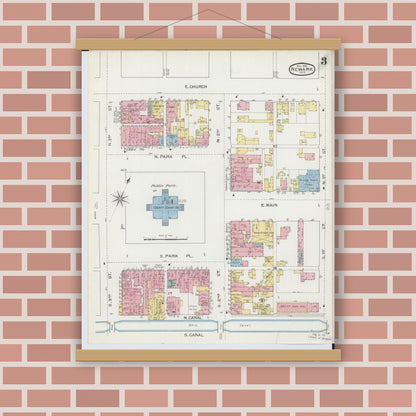 Old map wall art mockup — magnetic wood frame on brick wall — Sanborn Fire Insurance Map from Newark, Licking County, Ohio (1893), Sheet #0003